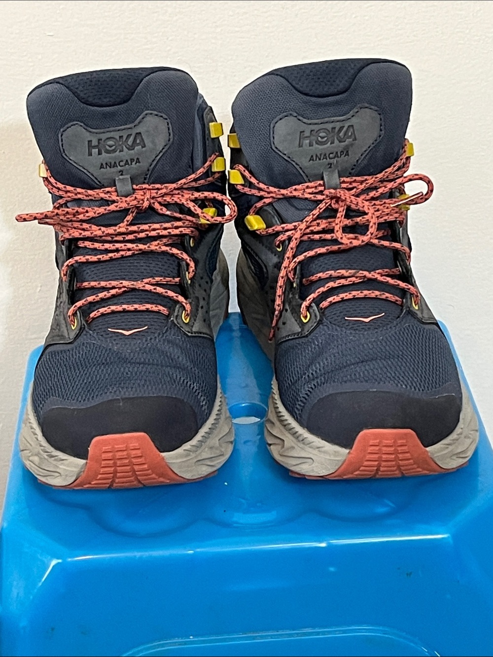 Hoka Men’s Anacapa Trail Boots in Navy and Coral with Yellow Accents